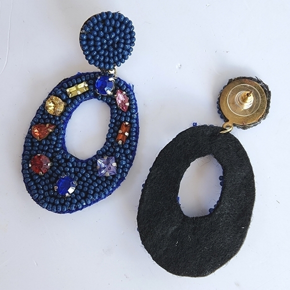 NEW Blue Stone Embellished Seed Beaded Retro Cut Out Oval Earrings - Picture 7 of 7